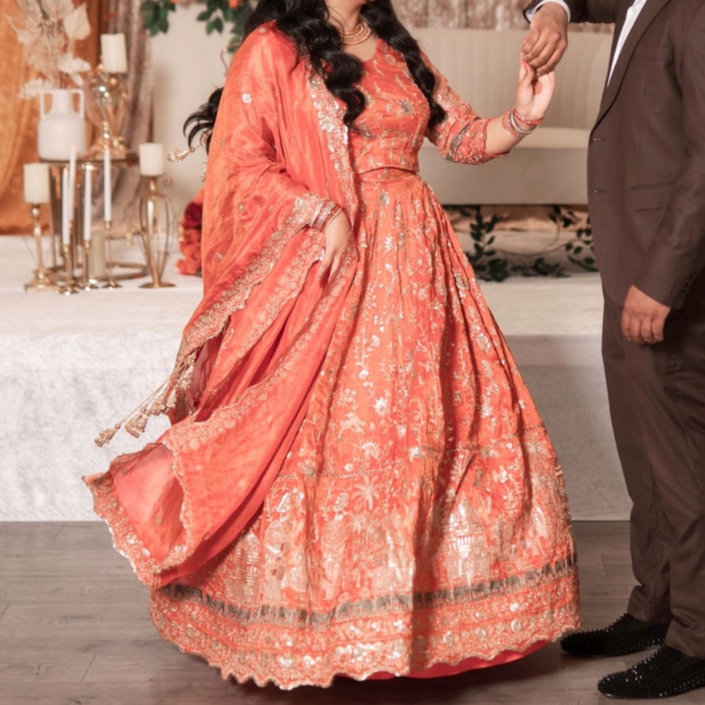 Elegant Orange Embroidered Lehenga